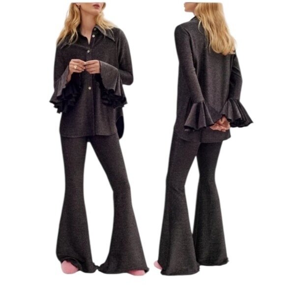 NWT SLEEPER Cosmos Black Sparkle Flare Luxury Party Pajamas 2 Piece Set Size S - Picture 1 of 16
